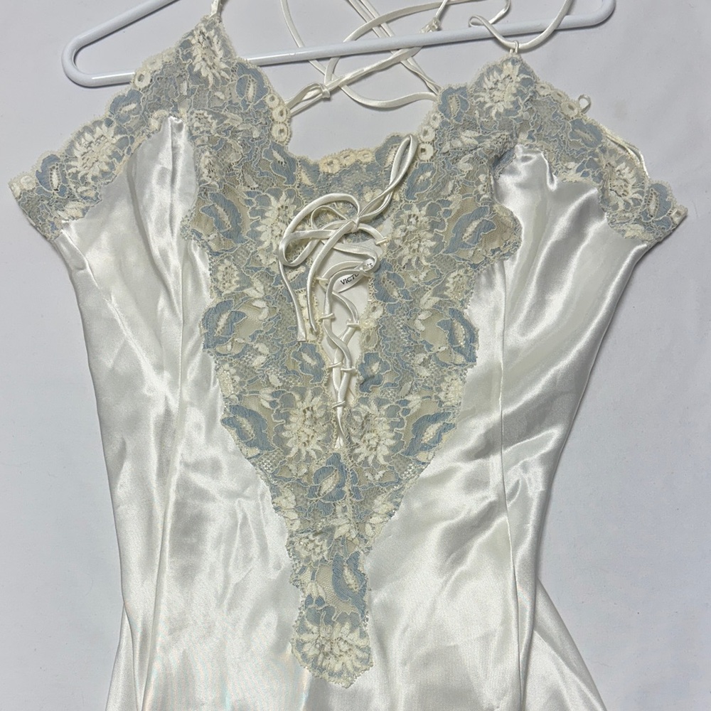 Victoria's Secret Cream Satin Long Slip Dress with Blue-Gray Lace